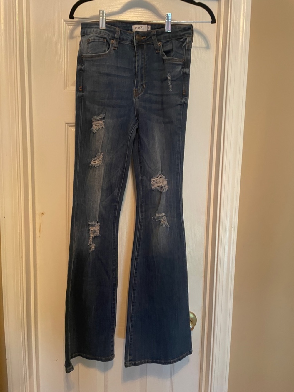 Rue21 Women's Dark Blue Distressed Flare Jeans